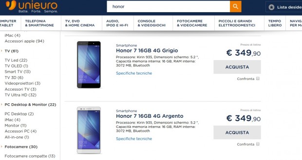 Search honor  negozio elettronica online Unieuro