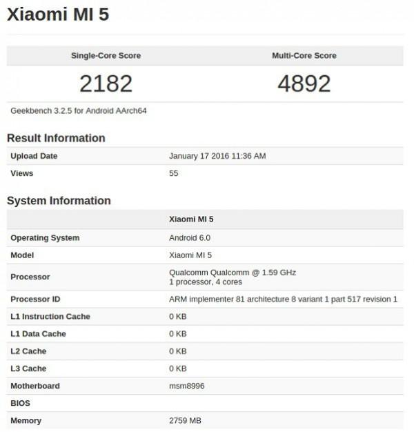 Xiaomi i5 GeekBench
