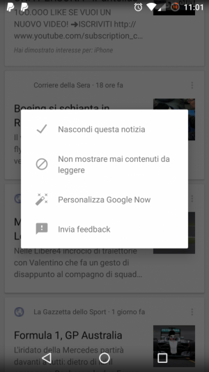 Google Now personalizzazione feed notizie
