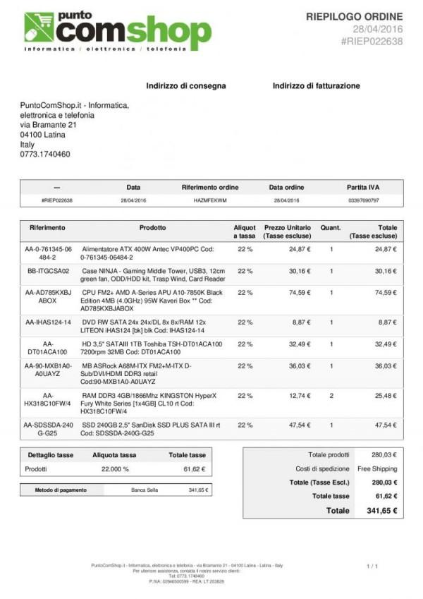 PuntoComShop.it Affidabile Fattura