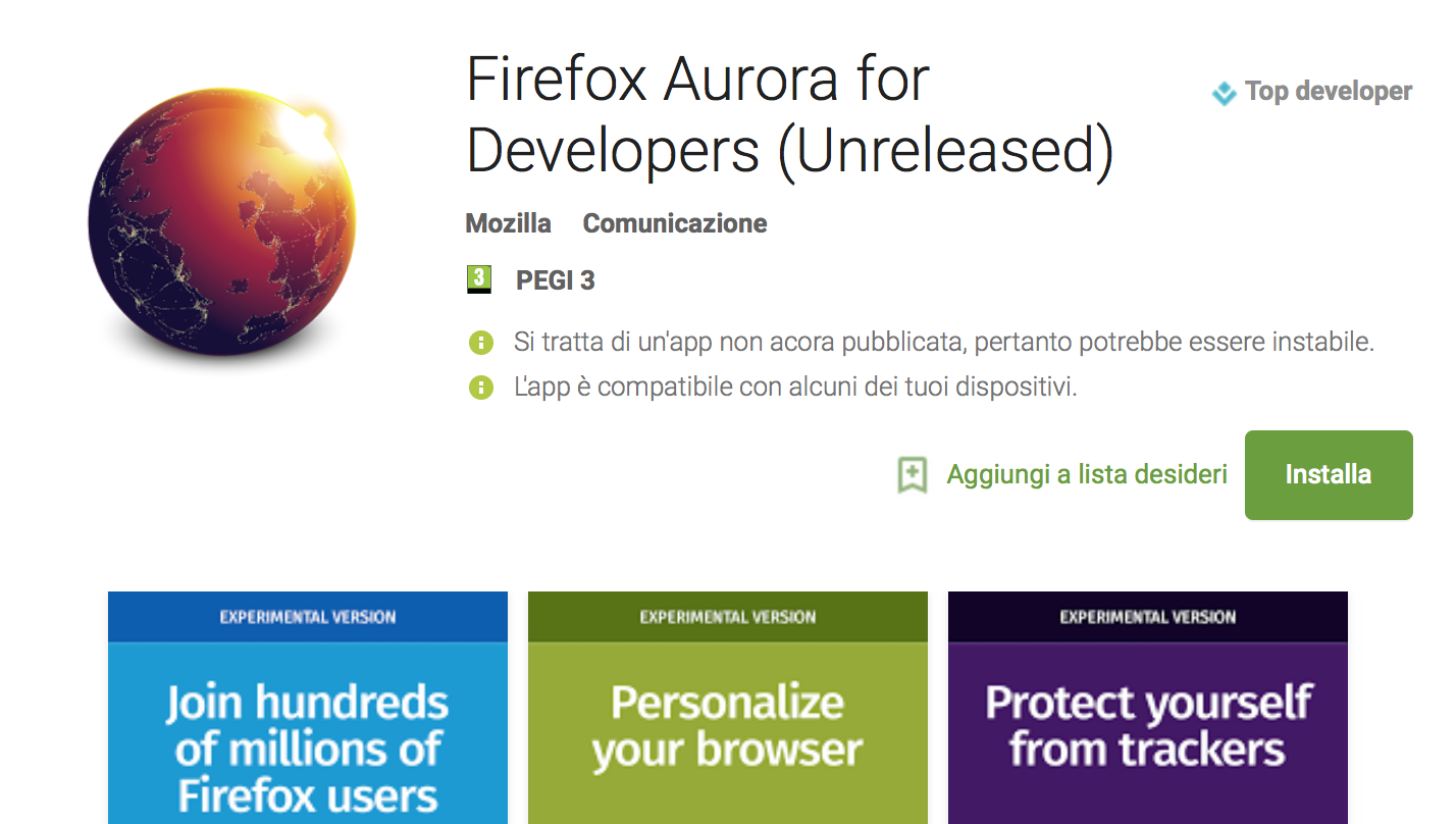Firefox Aurora Play Store