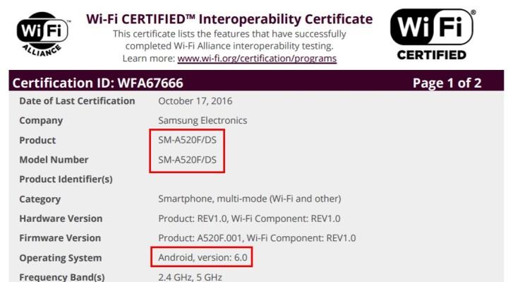 Samsung Galaxy A5 (2017) certificazione WiFi