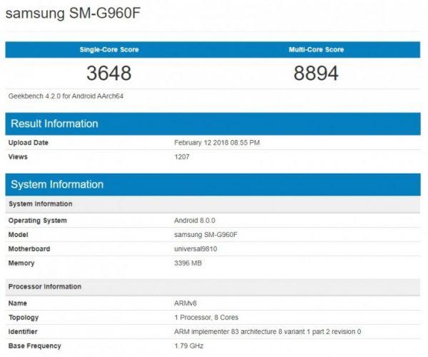 Samsung Galaxy S9 Exynos 9810 Geekbench