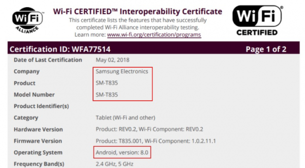 Samsung Galaxy Tab S4 Certificazione WiFi