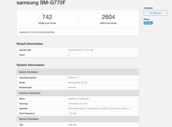 Samsung Galaxy S10 Lite Geekbench