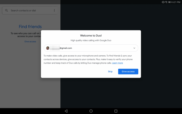 Google Duo tablet Android email