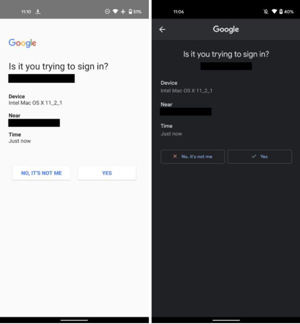 Google prompt 2FA tema scuro