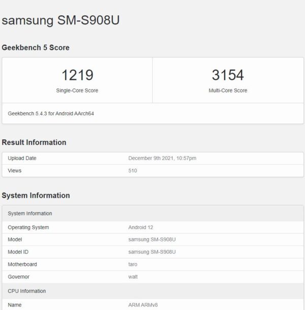 Samsung Galaxy S22 Ultra Geekbench Snapdragon 8 Gen 1 (1)