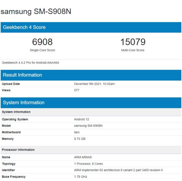Samsung Galaxy S22 Ultra Geekbench Snapdragon 8 Gen 1