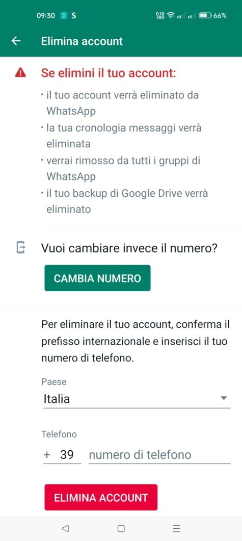 Come cancellare account WhatsApp